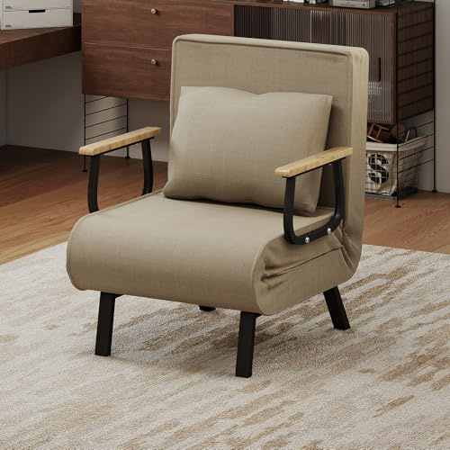 Fabulcozy Divano letto convertibile 1 posto poltrona letto regolabile fodera rimovibile cuscino soffice, piedi in metallo per soggiorno/ufficio(Kaki)