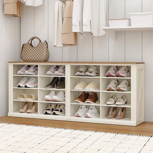 Hzuaneri Banc à Chaussures, Banc avec Espace de Rangement, Étagère à Chaussures avec Siège,16 Compartiments, Convient pour Salon, Couloir, Entrée, 30 x 104 x 60,5 cm, Rétro Marron-Blanc SB24614X
