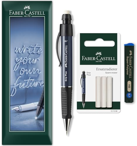 Faber-Castell Grip Plus Druckbleistift + 12 x 0,7 mm HB-Minen + Radiergummi-Nachfüllungen in Umschlagverpackung (Steingrau)