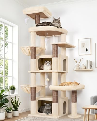 Globlazer Klösträd beige XXL stor katt 192 cm med 2 extra stora grottor, 50 x 30 x 30 cm, rymliga plattformar, sisalstam, stabil klösbräda med stöd för 3–5 vuxna katter