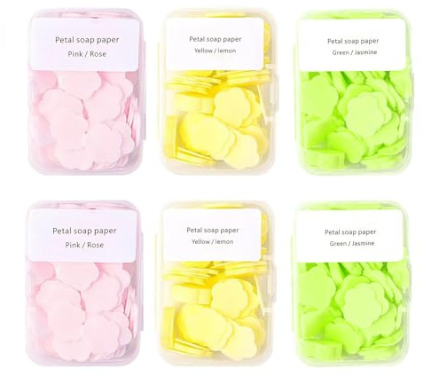 kkrrammii Lot de 6 boîtes de savon portables en papier pour les mains, confettis de pétale, flocons de savon en forme de fleur, pour camping, randonnée, plein air, fournitures de toilette