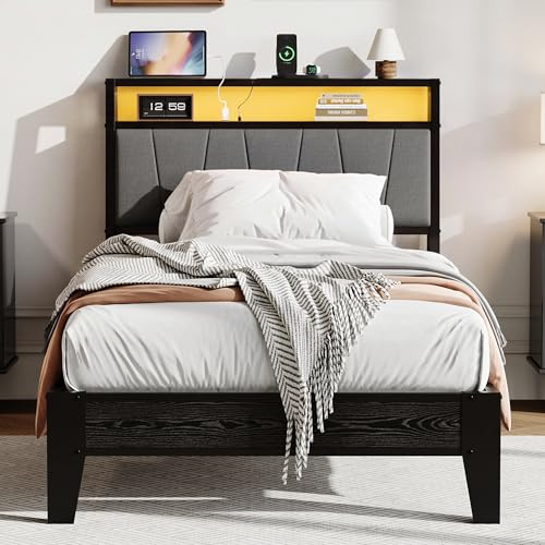 IRONCK Single Bed Frame with LED Lights and Charging Station (2 AC Outlets, 1 USB‑A, 1 USB‑C Port), 90x190 cm Stable Metal Bed Frame with Storage Shelf Upholstered Headboard, Easy Assembly, Black