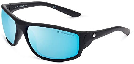 CLANDESTINE - Gafas de Sol Unisex - Modelo Curve - Color Negro y Azul - Cristales de Nylon de Color Azul Espejo con Filtro HD - Protección UV 400-150 x 49 mm
