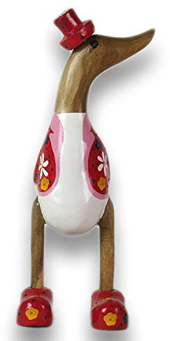 ART-CRAFT Canard en bois - Décoration de jardin - Racine de bambou et bois de teck - Avec motif floral - Décoré en blanc - Hauteur : 25 cm