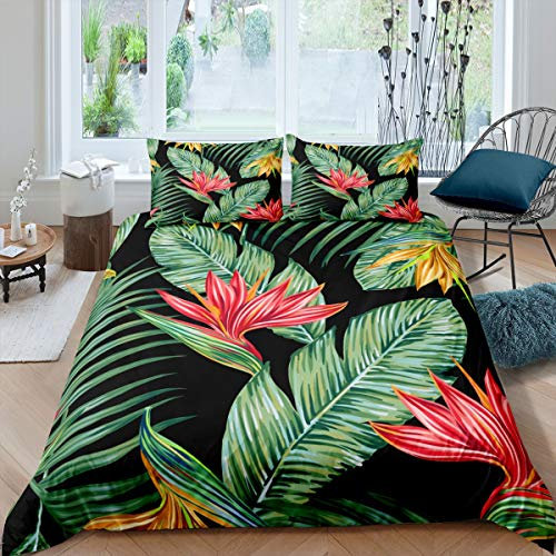 Loussiesd Girls Palm Leaf Duvet Cover Green Palm Tree Print Bedding Set Tropical Botanical Bed Cover for Kids Women Room Decor Hawaiian Nature Theme Bedspread Cover Super King With 2 Pillow Case
