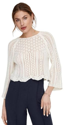 ONLY Damen Eleganter Strickpullover | Cropped 3/4 Arm Shirt | Knitted Pointelle Stretch Sweater ONLNOLA, Farben:Weiß, Größe:L