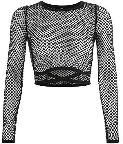 Black Sugar Femme T Shirt Top Boléro Résille Manches Longues Lacet Moulant Haut Top Sexy Slim Elégant Noir Invisibles Rafraîchissantes Filet (S, Lacet Résille)