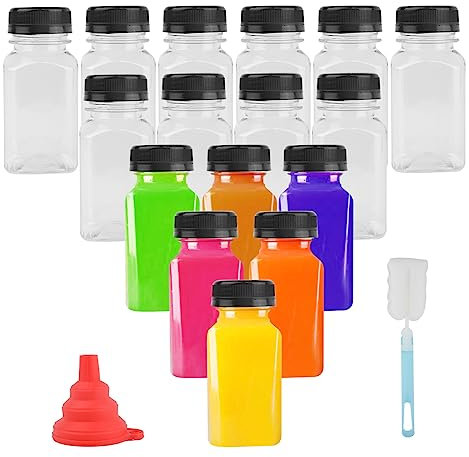 AolKee Lot de 16 bouteilles mini bouteilles de jus en plastique de 150 ml avec couvercle, Bouteille en plastique réutilisable avec bouchon hermétique pour lait, jus, smoothies, boissons