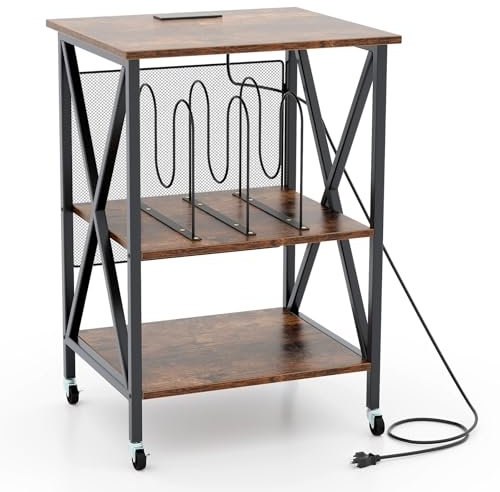 LIFEZEAL Support de Disque Vintage à 3 Niveaux sur Roues, Table de Platines avec Plateau Ouvert, Support pour Disques Vinyles avec Pieds en Forme de X, Marron Rustique