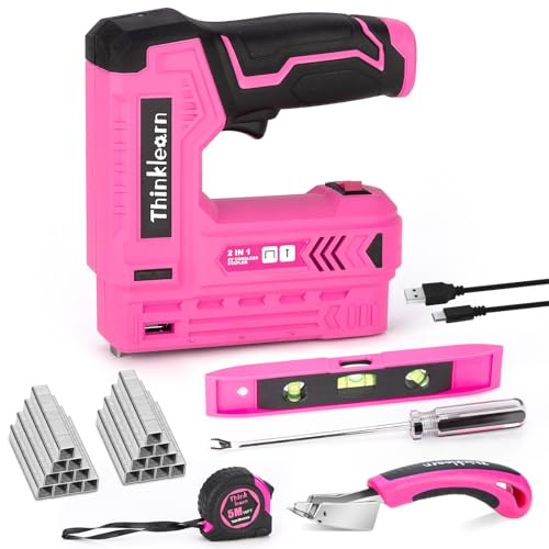 Pink Electric Staple Gun, 7PCS 2 in 1 Cordless Stapler Nail Gun Set with 2500pcs Staples Nails, 4V Brad Nailer Tacker for Upholstery, Wood, Carpentry, Crafts, DIY, Brad Nailer Kit with USB Charger