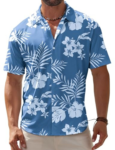 BOJIN Men's Hawaiian Wrinkle Free Short Sleeve Button Down Tropical Floral Beach Vacation Shirt White Flower Blue 1X