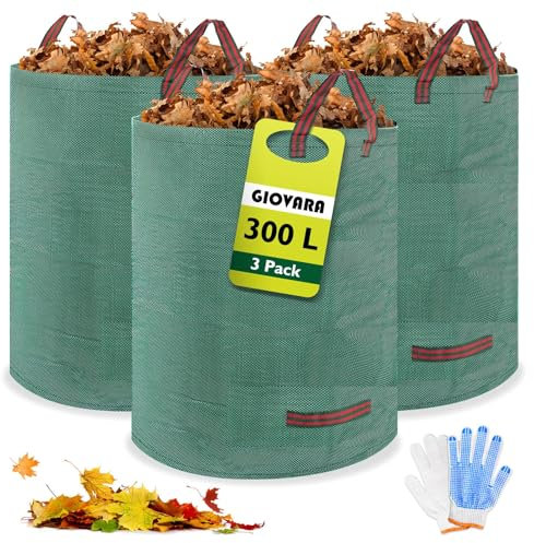GIOVARA Gartenabfallsack pop up 3 x 300L, Laubsack für herbstlaub, Gartenabfallsack Stabil mit Griffe, Wasserdicht, faltbar, robust für Rasenschnitt, Heckenabfälle und Gartenreinigung