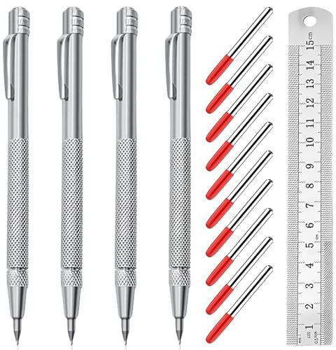 Lot de 4 stylos en carbure de tungstène - Avec 10 pointes de marquage rouges de rechange et règle en acier - Aiguille à tracer en métal dur avec aimant pour verre, céramique, acier trempé