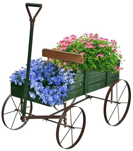 SOARS Blumenständer, Blumenwagen mit 4 Rädern aus Metall, Pflanzenständer aus Massivholz, Blumenkasten Deko, Holzwagen Bollerwagen Pflanzwagen für Garten & Balkon (Grün)