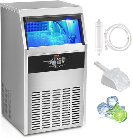 VEVOR Machine à Glaçons Commerciale 56 kg/24 h Appareil de Préparation de Glaçons 60 Bacs à Glaçons Capacité de Stockage 15 kg Nettoyage Auto sans Installation Autoportant pour Maison Restaurant Bar
