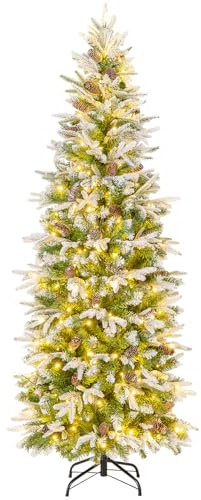 COSTWAY 190 cm konstgjord julgran med belysning och snö, blyertspenna julgran med 280 varma vita LED-lampor och 60 grankottar, julgran, smal, konstträd, jul för hemmet