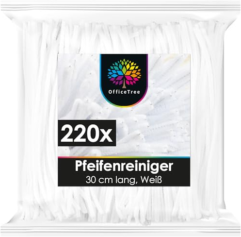 OfficeTree 220 x Pfeifenreiniger Weiß - 30 cm - Chenilledraht Weiß - Pfeifenputzer Weiss zum Basteln - Pfeiffenputzerdraht flexibel und formstabil - Weiße Pfeifenputzer - Pipe Cleaners