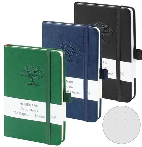HOMEMARS Pocket Notebook, 3 Pack, Bullet Dotted Journal, Pocket Notepad,14.4 cm x 9.6cm, A6 Notebook, Small Notepad, Black, Green, Blue, 80GSM,192 Pages Each, Hardcover, Embossing Tree Design, Dotted