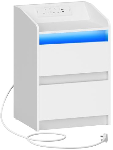 Hzuaneri Bedside Table with LED Lights, Bedside Cabinet with Charging Station and 2 Drawers, Nightstand with USB Ports & Power Outlet, Nightstand for Living Room and Bedroom, White NS30003XUK