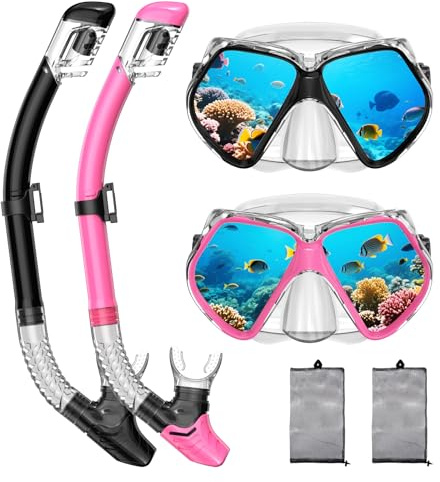 Snorklingsutrustning för vuxna, torr snorkling, maskset vuxen, dykdykmask, dykutrustning, simglasögon med nässkydd, simning fridykning härdat glas panoramautsikt resepaket