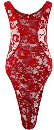 Bommi Fairy Men's Sexy Rose Lace High Cut Underwear One-Piece Undershirt Overall Sleeveless Muscle Shirt Skinny Bodysuit Clubwear (Red)