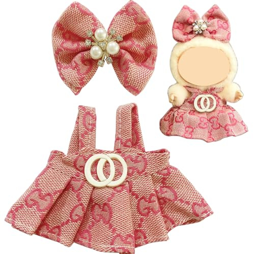 Joycabin Stylische Puppenkleidung für 17cm Plüschpuppe, Kleid + Rosa Schleife Miniatur Kleidung Zubehör Set, Puppendekorationszubehör, Puppenzubehör Geschenke (Puppe Nicht Enthalten)