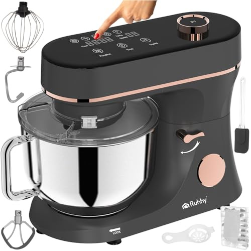 Robot de cocina con tazón de mezcla calefactable de 6,2 l – Batidora planetaria RUHHY 2000 W 11 velocidades y pantalla táctil – Amasadora de masa para pan, pizza, pasteles y pasteles (negro y dorado)