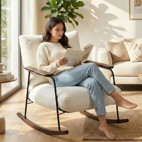 Hellove Fauteuil à Bascule avec Pieds en Bois Massif, Rocking Chair avec Coussin Lombaire, Fauteuil Salon Relax avec Accoudoirs, Fauteuil Allaitement Lecture Confortable pour Salon Chambre,136kg Beige