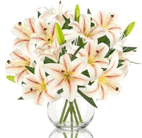 6PCS Artificial Lilies Flowers with Buds, 3D Printing Realistic Fake Lily | 12 Heads and 6 Buds, Faux Plastic Lifelike Pink Lily, Fake lillies Flower for Home Office Wedding Party Holiday Decoration