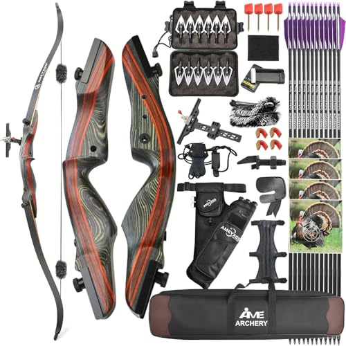 Wolfman 62 Inch Wooden Takedown Recurve Bow Kit 20-50lbs Right Hand, Archery Bow and Arrow Set for Adults Hunting and Target Practice (Bow kit, 20lbs)