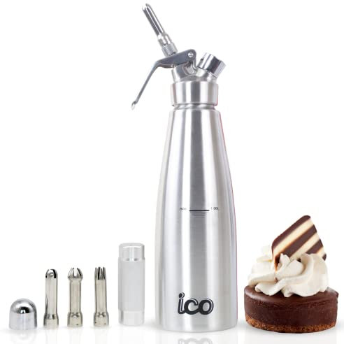 ICO 1L Sifone Panna Montata Professionale in Acciaio Inossidabile per Monta Panna Fatta in Casa, Sifone da Cucina per Dolci, Salse e Liquori Infusi, 1L