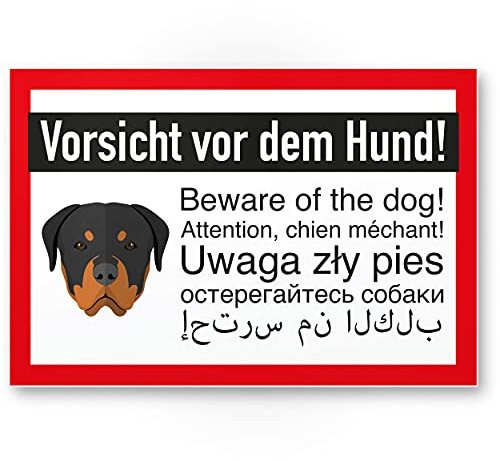 Var försiktig med hunden – rottweiler hund plastskylt, anmälningsskylt på flera språk – dörrskylt husdjur, varningsskylt/avskräckning brottsskydd – varning hund