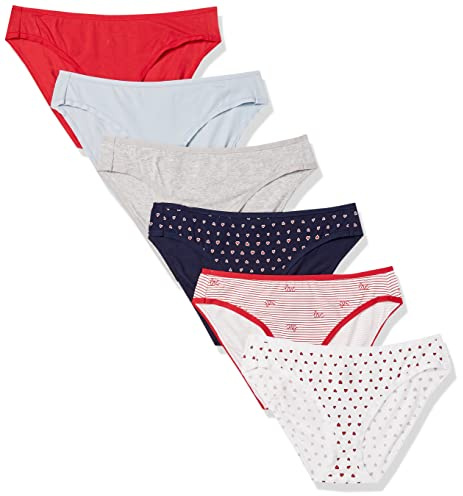 Amazon Essentials Culotte de Bikini en Coton - couleurs abandonnées Femme, Lot de 6, Cœurs/Multicolore/Rayures, 42