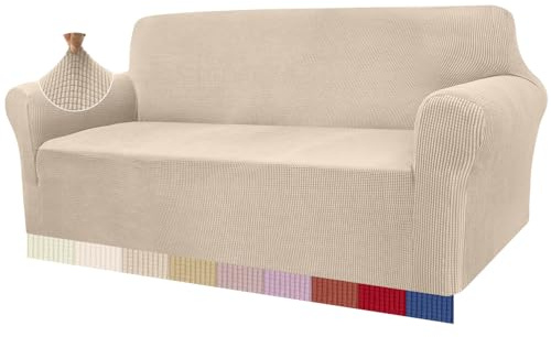 Granbest High Stretch Sofabezug Moderne Sofaüberwurf Jacquard Elastische Sofahusse für Wohnzimmer Protector für Hunde Haustiere (3 Sitzer, Beige)