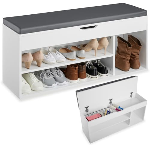 tectake® Scarpiera con Seduta Imbottita - 104 x 30 x 49 cm - Mobile Ingresso con 3 Scomparti e Cuscino, Scarpiera Ingresso per Organizzazione della Casa, 3 Scomparti Aperti - Bianco