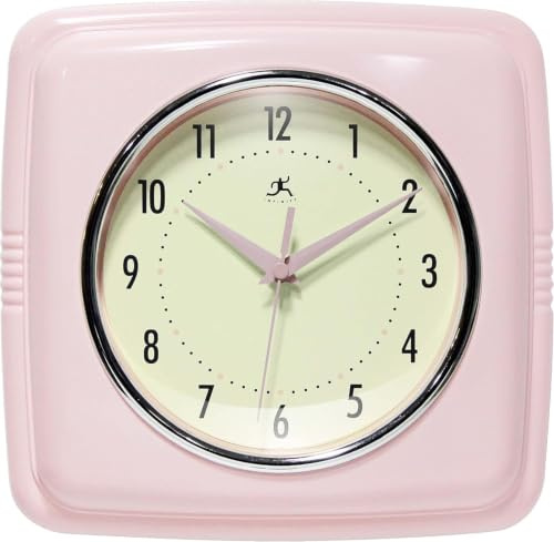 Infinity Instruments fyrkantig tyst retro 9 tum mitten av århundradet modern kök middag retro väggklocka kvarts svepande rörelse (rosa)