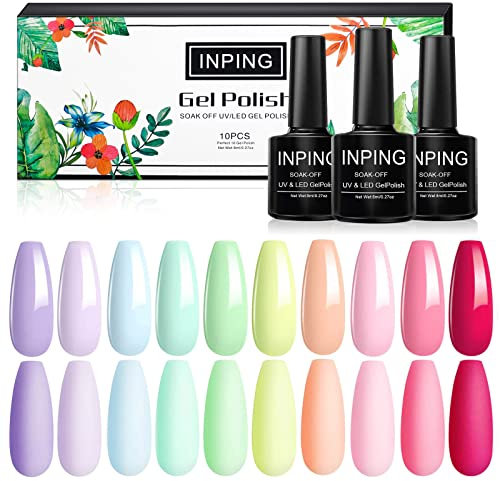 INPING Gel Polishes, 10 Color Bright Summer Pastel Gel Polish Set Soak Off UV Gel Nail Polish DIY Nail Art Salon Manicure Kit for Starter, Macaron Pink, 8 ML