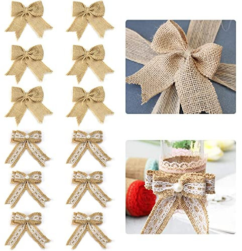 STCRERAG 12 Stück Jute Schleifen Rustikalen Vitnage, Natürliche Dekoration Handgemachte Juteschleifen, Bastelzubehör für Hochzeit, Schleifen zum Einpacken von Geschenken, Weihnachtsbaumschmuck