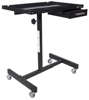 K Tool International 75107 Adjustable Tear Down Work Table with Drawer for Garages, Repair Shops, and DIY, Portable, (4) 2 Swivel Casters, 200 Pound Capacity, Rubber Corners, Heavy Duty Steel, Black