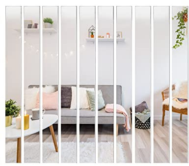 QWORK 10 Pezzi Lunghi Specchio da Parete Adesiva - 50 x 5 cm - Specchio Acrilico per Decorazioni Murali Casa