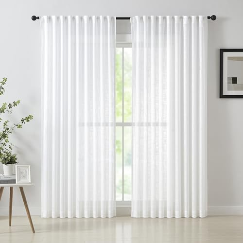 Semi Sheer White Curtains 90inch Long Linen Textured Curtain Panels for Living Room Bedroom Window Drapes Burlap Look Privacy Window Treatment Set Pencil Pleat 54 w 2 Pcs