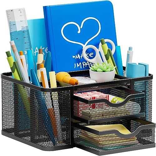 Marbrasse Mesh Desk Organizer, Pen Organizer with 2 Drawer, Multi-Functional Pencil Holder, Desk Organizers and Accessories with 5 Compartments + Drawer for Office Art Supplies (Black)