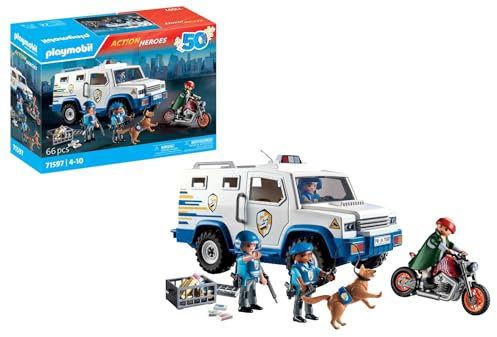 Playmobil 71597 Fourgon blindé avec convoyeurs de Fonds - Action Heroes - Comprend Trois policiers, Un Voleur à Moto et Un Chien Policier - Dès 4 Ans