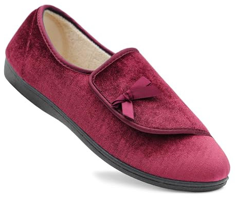 Dr Keller Womens Velour Faux Fur Lined Ladies Winter Wide Opening Diabetic Orthopaedic Slippers (Wine, UK Footwear Size System, Adult, Women, Numeric, Medium, 7)