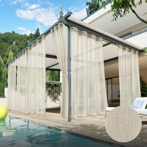 HolidayIdeas 6 paneler utomhusgardiner för uteplats-naturligt linne halvgenomskinliga gardiner för uteplats vattentät, integritet solljus inomhus utomhus draperier för lusthus, pergola, balkong, pool,