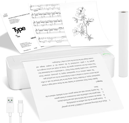 Thermal Printer A4, Portable Wireless Inkless Printer, Bluetooth Thermal Printer with Phone & Laptop, Android & iOS, Mini Mobile Monochrome Printer, for Photo Invoice Document tattoo Ect, White