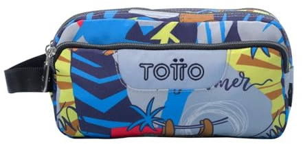 TOTTO - Estuche Escolar 3 Compartimentos, Modelo Agapec, Estuche Grande, Dimensiones 23 x 11.5 x 10.5 cm, Asa Lateral, Tiradores Ergonómicos con PVC, Tejido Resistente, Estampado Lazel