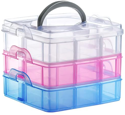 CYZBL 3 Stöckige Aufbewahrungsbox mit Fächern, Praktisch Stapelbare Sortierkasten Transparent, Verstellbare Plastik Sortierboxen mit Tragegriff, Bastelbox Aufbewahrung für Haushaltswaren Edelsteine