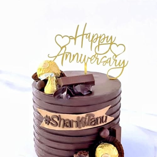 Dlicsy Happy Anniversary Cake Topper, Gold Metallic, 1pc, Ideal for Anniversary, Baby Shower, Birthday & Wedding Occasions