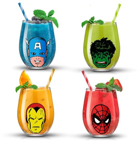 JoyJolt Marvel Heroes Lot de 4 verres à boire sans pied Motif super-héros Hulk Captain America Spiderman et Iron Man 540 ml Cadeaux Marvel pour homme et femme